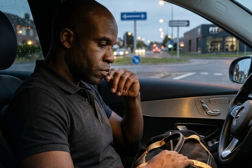 Après le travail, Anicet hésite dans sa voiture entre la direction de la salle de sport et celle de la maison, son sac de sport posé sur ses genoux.