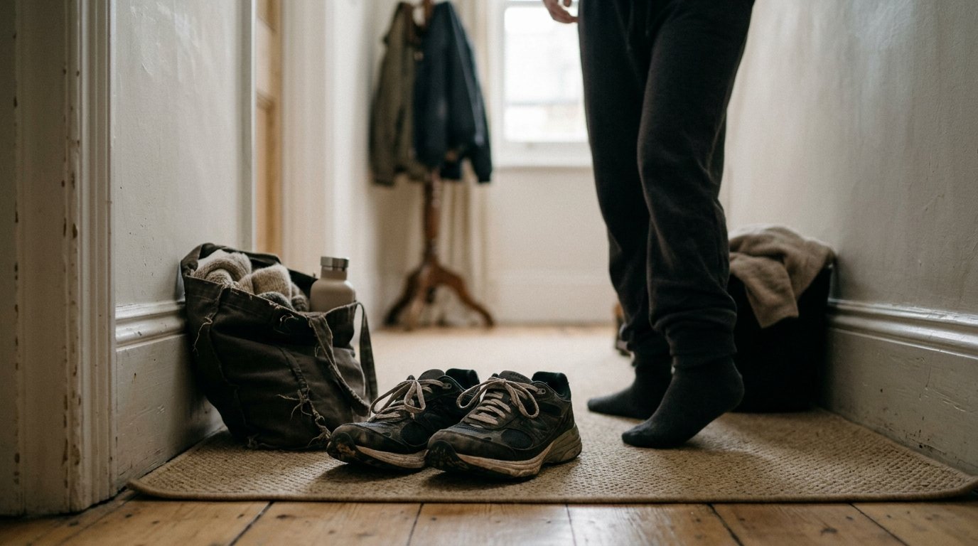 Chaussures de sport et sac posés dans une entrée : arrêter et reprendre le sport, encore une fois