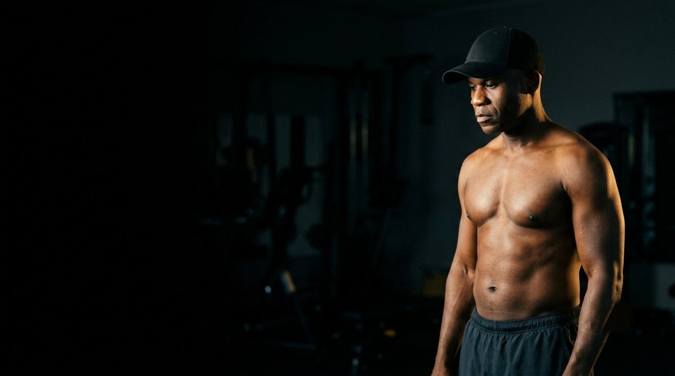 Homme en tenue de sport dans une salle de musculation, éclairage sombre
