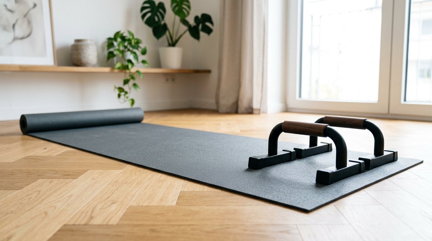 Un tapis de sol minimaliste déroulé sur un parquet en bois lumineux avec une paire de poignées de pompes posée proprement à côté.