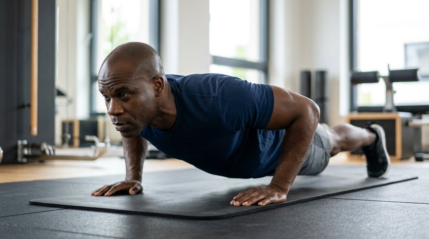 Anicet, un homme d'une quarantaine d'années, effectue des pompes maîtrisées sur un tapis de sol dans une salle de sport sobre éclairée par u