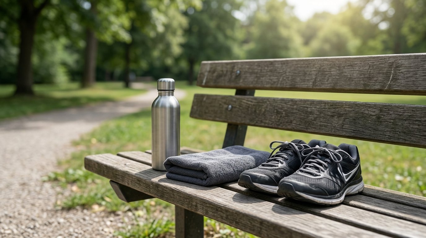 Une gourde en inox, une serviette pliée et une paire de baskets posées sur un banc de parc en bois sous le soleil.