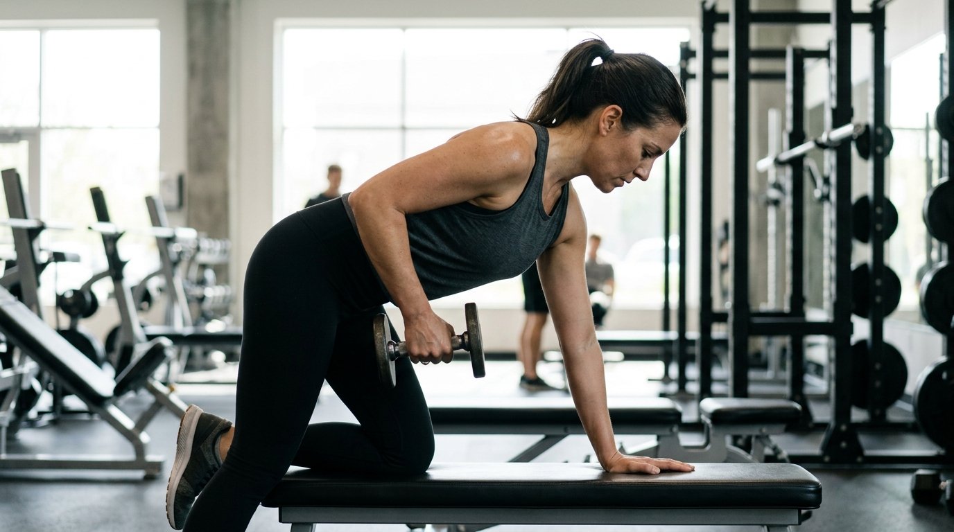 Une femme réalise un tirage avec un haltère dans un gymnase lumineux, attentive à sa posture et à la qualité du mouvement.