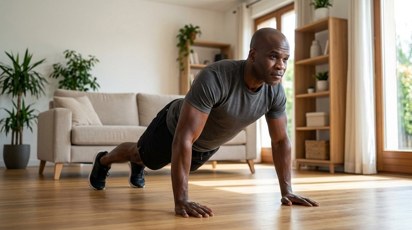 Anicet, un homme de 40 ans en tenue de sport sobre, effectue des pompes contrôlées avec sérénité dans un salon baigné de lumière naturelle.