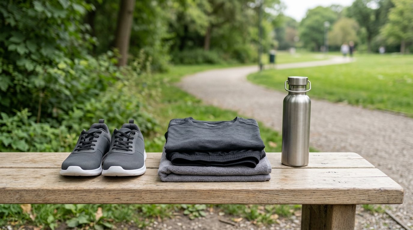Une tenue de sport soigneusement pliée, une gourde en inox et une paire de baskets sobres posées sur un banc en bois clair.