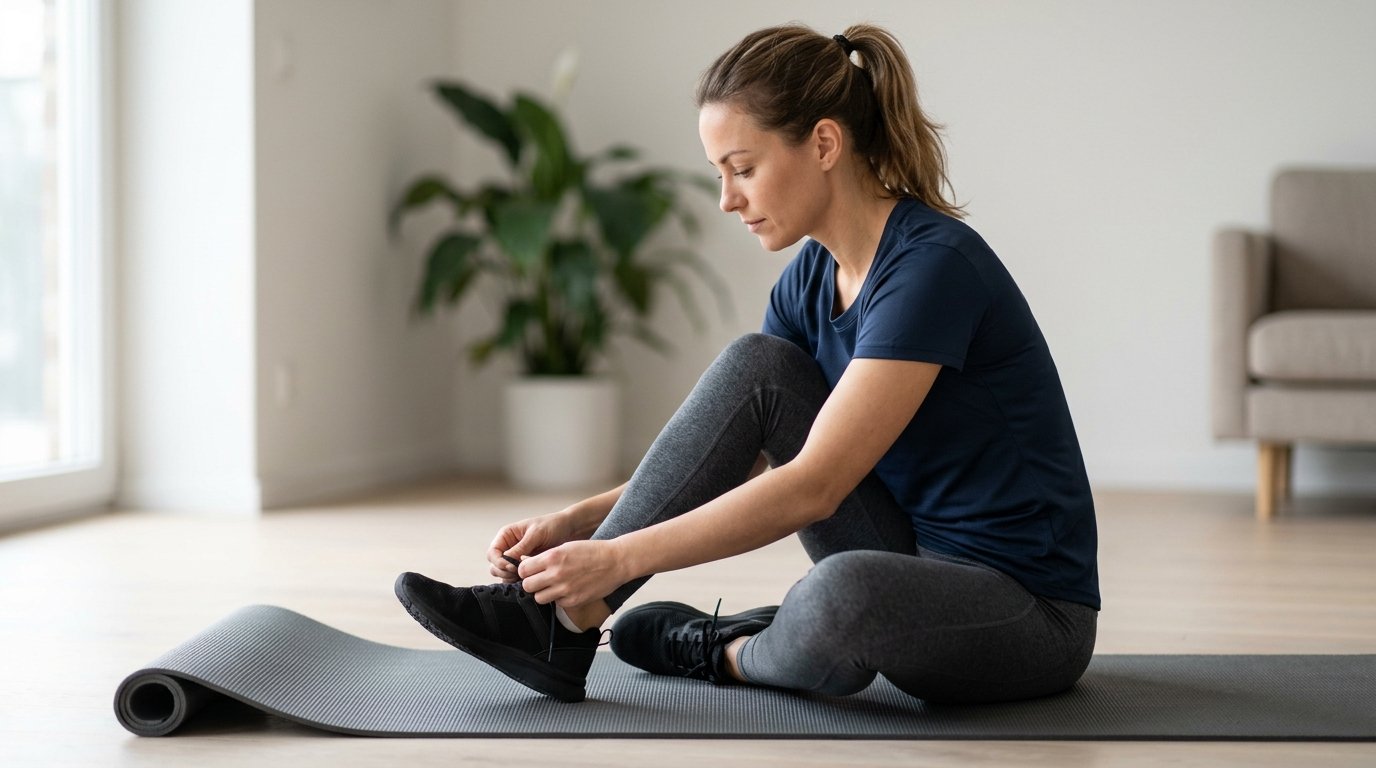 Une femme ajuste le laçage de sa chaussure de sport, assise sur un tapis d'entraînement déroulé dans un espace de vie épuré.