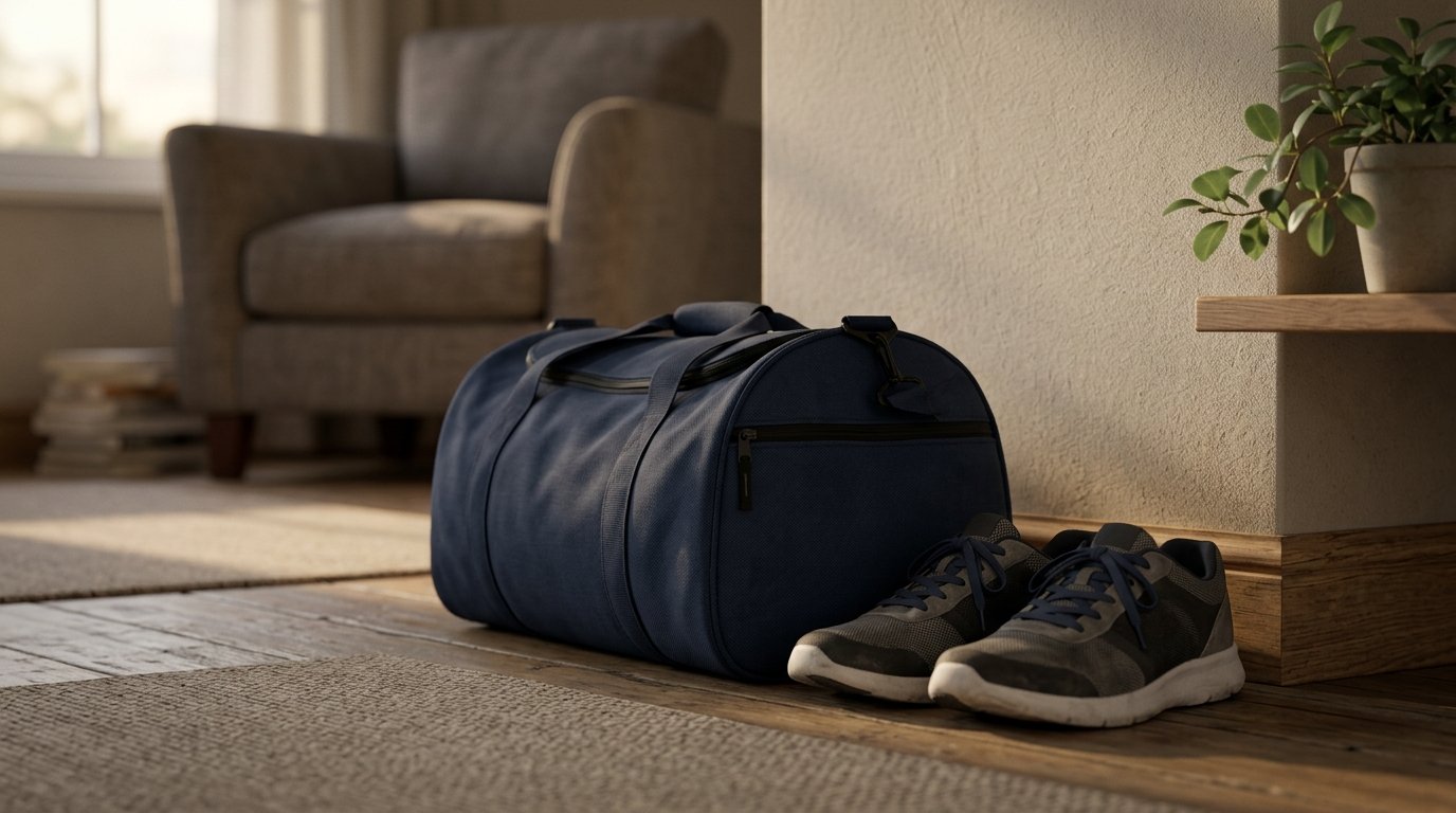 Un sac de sport resté fermé et une paire de baskets posés discrètement dans le coin d'un salon baigné par une lumière tamisée de fin d'après-midi.