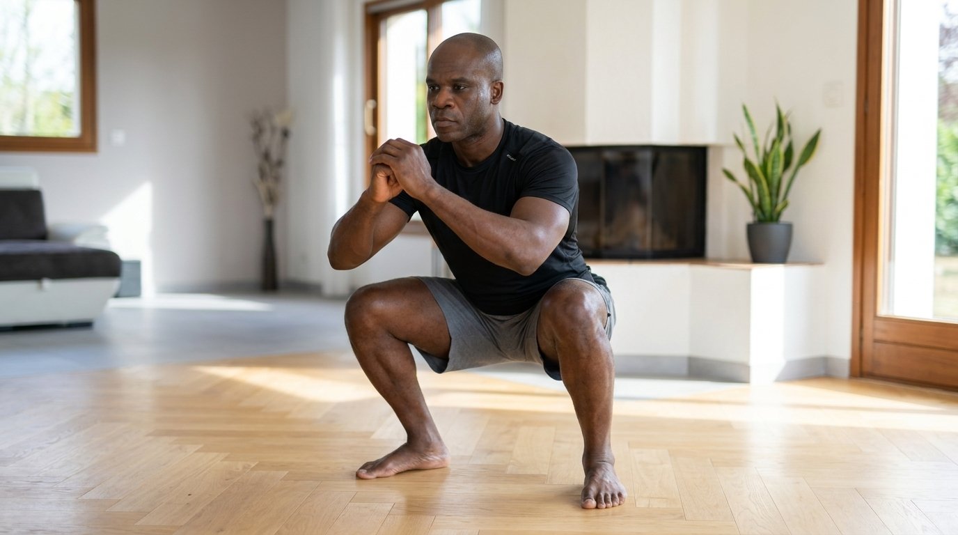 Anicet, un homme en t-shirt et short de sport, exécutant un squat contrôlé au poids du corps dans un salon lumineux au sol en parquet.