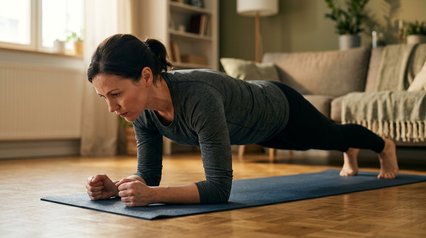 Une femme d'une quarantaine d'années en tenue de sport ajustée, effectuant une planche de gainage sur le sol de son intérieur chaleureux.