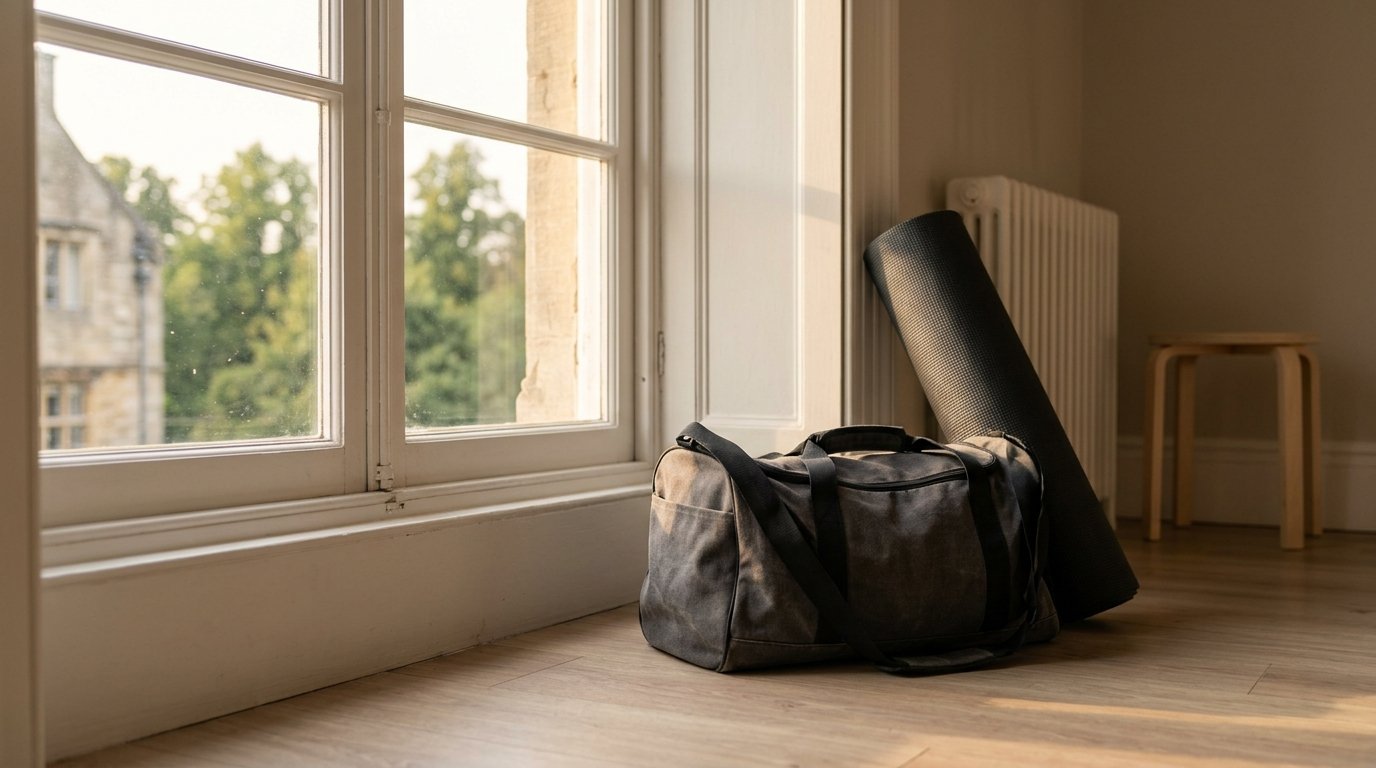 Un sac de sport et un tapis enroulé posés à côté d'une fenêtre baignée par la lumière dorée d'un fin d'après-midi d'été.