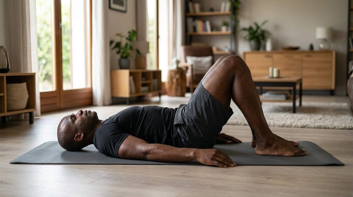 Anicet réalise une séance de mobilité douce et d'étirements du dos sur un tapis au milieu de son salon.