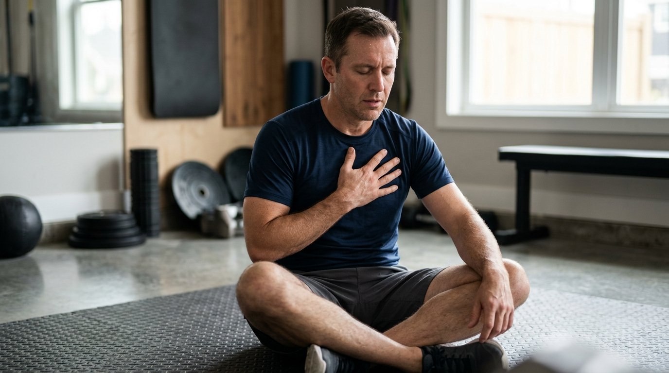 Un homme de 45 ans en tenue de sport prend un temps de pause assis sur son tapis, une main posée sur le torse pour contrôler sa respiration 