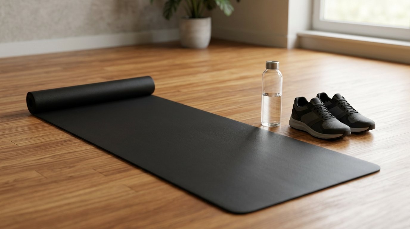 Un tapis de sport soigneusement déroulé sur un parquet en bois, à côté d'une gourde d'eau et d'une paire de baskets, éclairé par une douce c