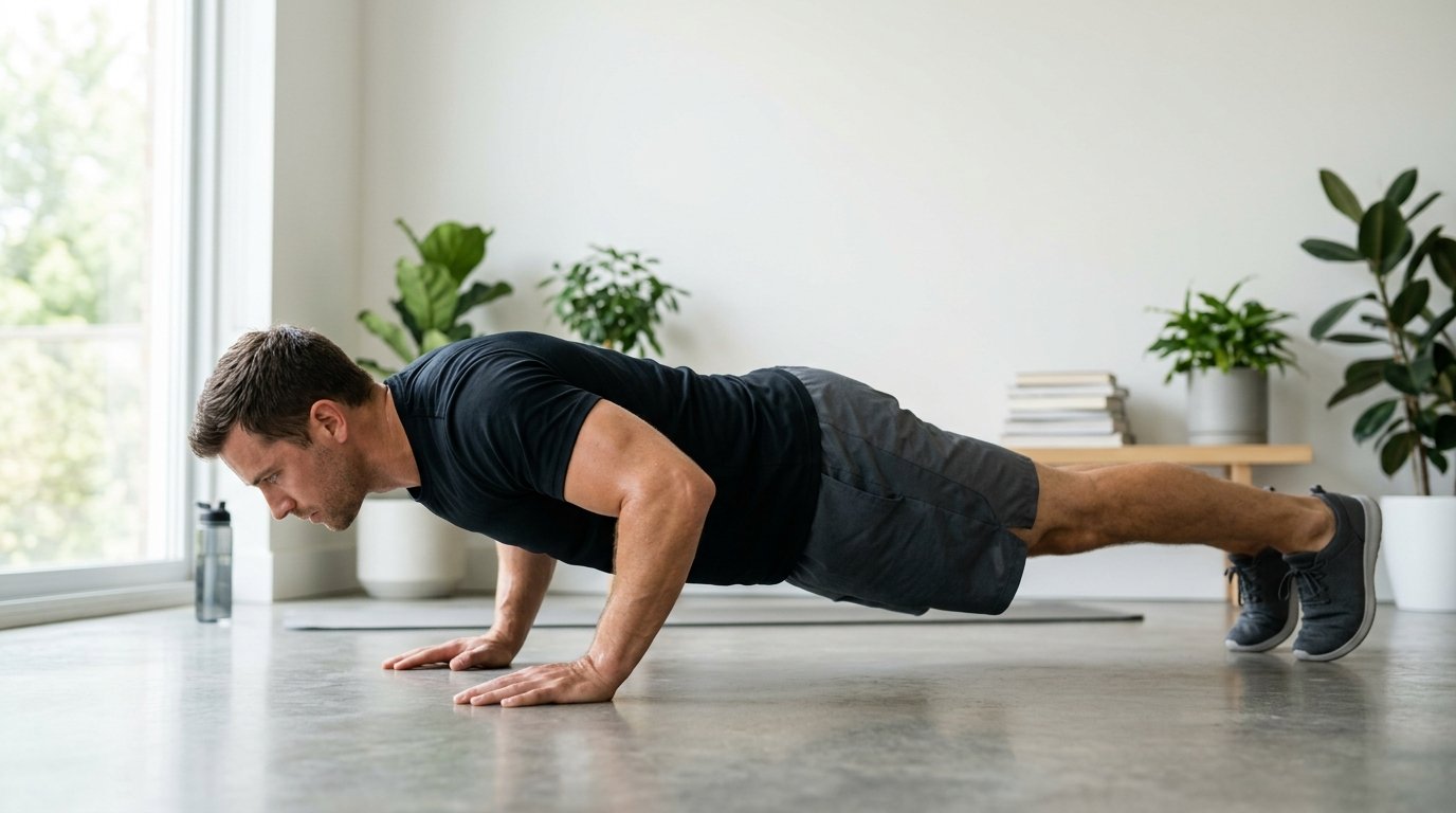 Un homme athlétique exécutant une pompe au sol avec une posture irréprochable et un alignement parfait du corps dans un intérieur épuré.