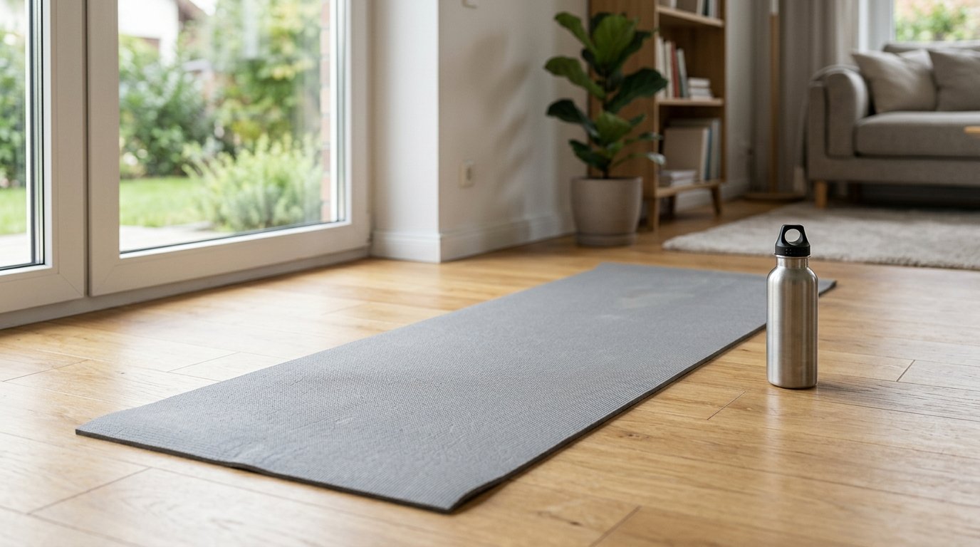 Un espace d'entraînement à la maison baigné de lumière naturelle avec un tapis de sol gris déroulé sur un parquet clair et une gourde en ino