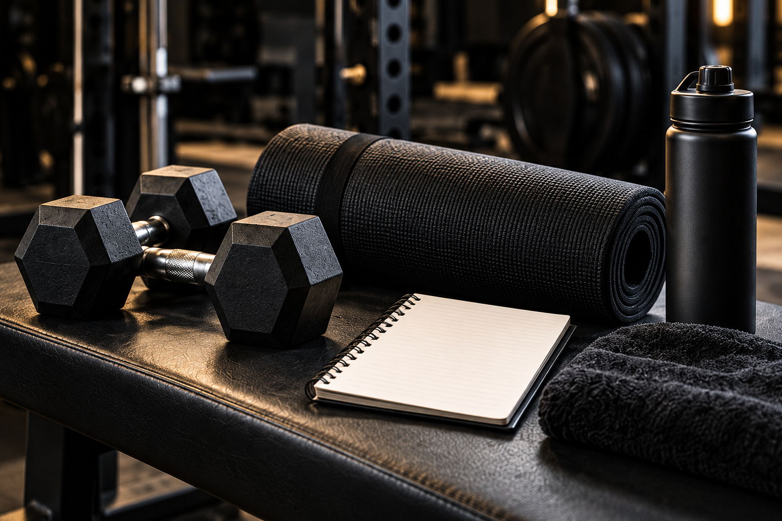 Haltères, tapis d’entraînement, carnet et gourde sur un banc de salle de sport.