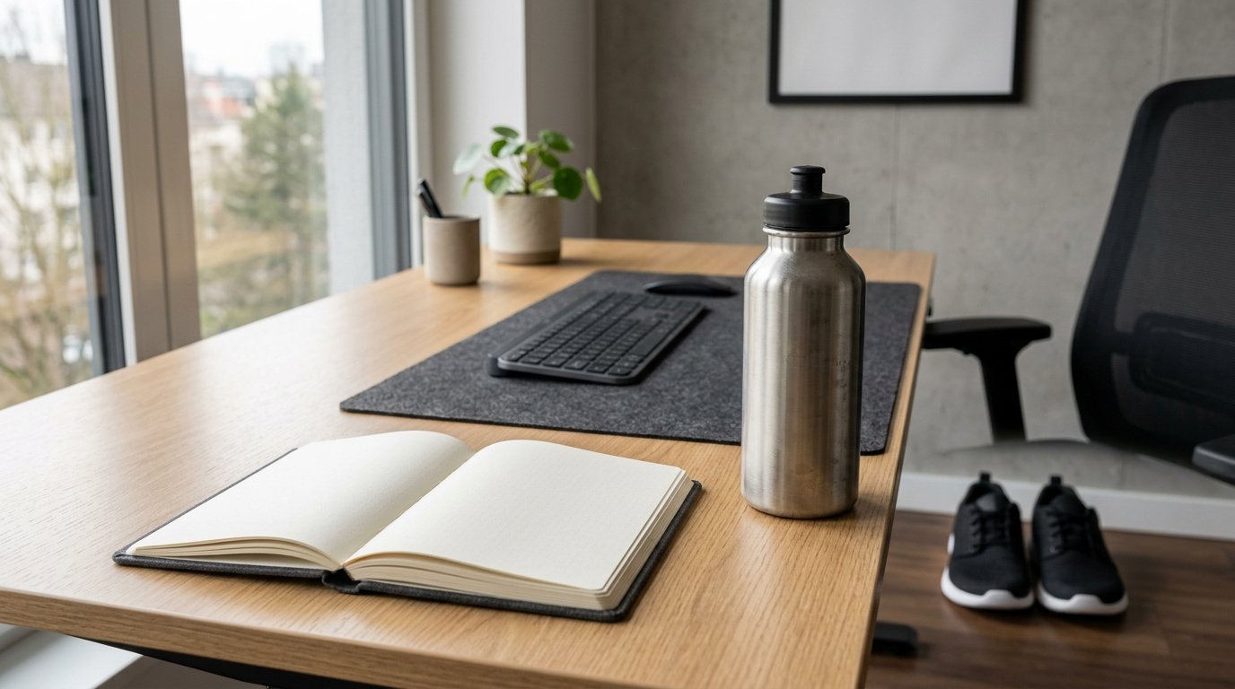 Un coin de bureau moderne et épuré où reposent un agenda ouvert, une gourde de sport en inox et une paire de baskets soigneusement rangée.
