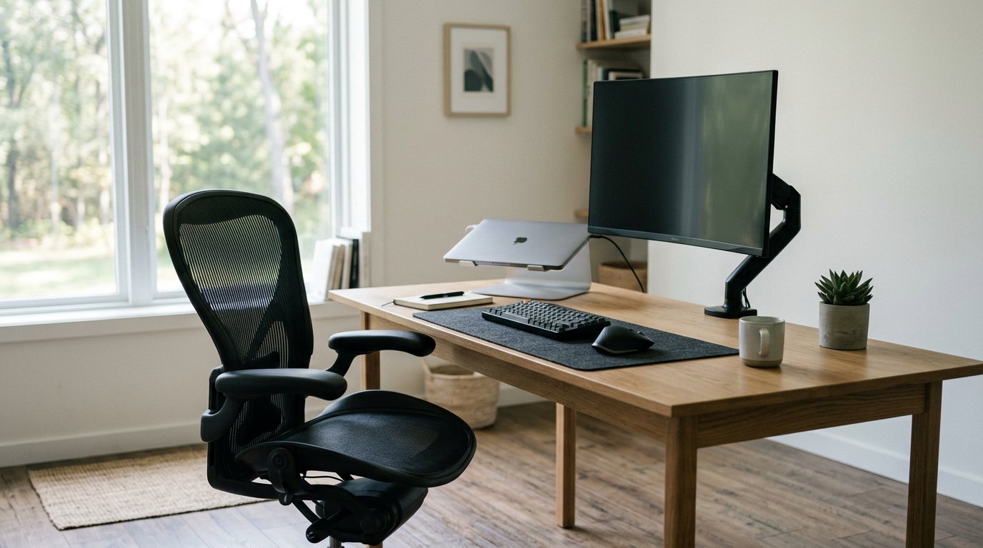 Un espace de travail moderne et épuré baigné de lumière naturelle, avec une chaise de bureau ergonomique vide devant un ordinateur.