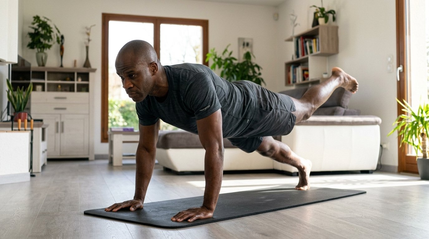 Anicet effectue un gainage dynamique en planche sur un tapis de sol dans un salon lumineux.