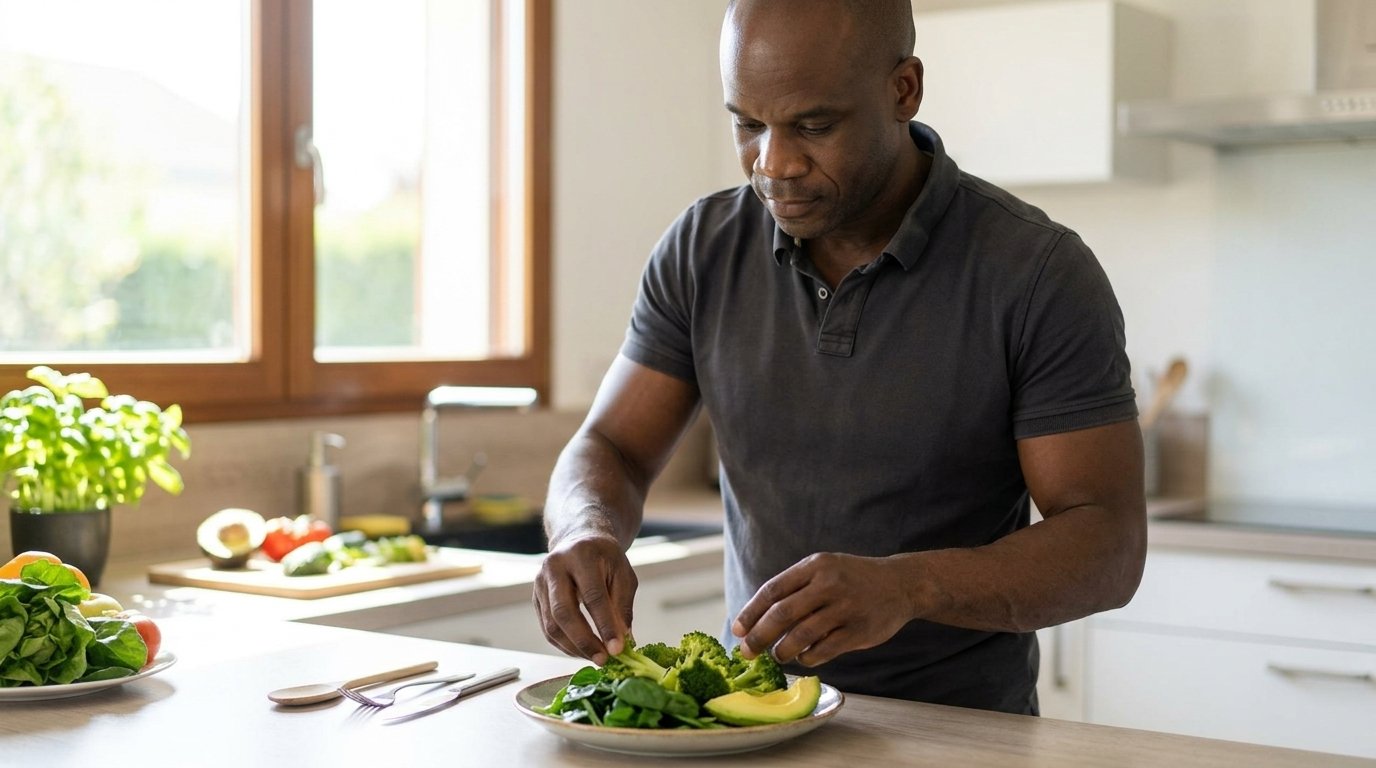 Anicet, un homme d'une quarantaine d'années, prépare calmement son repas dans une cuisine lumineuse en disposant une généreuse portion de lé