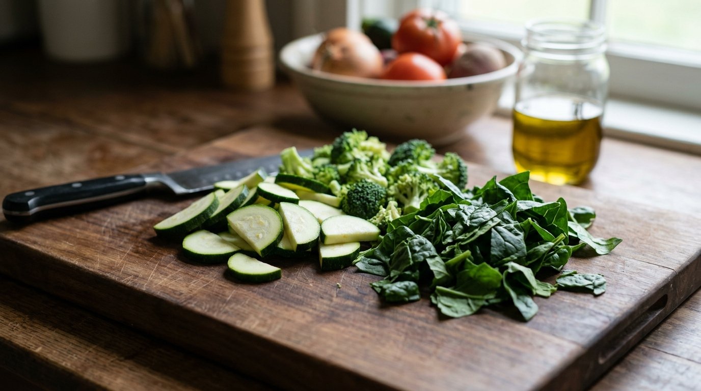 Gros plan sobre et épuré sur un plan de travail en bois où sont posés des légumes verts frais découpés, prêts à être intégrés au repas.