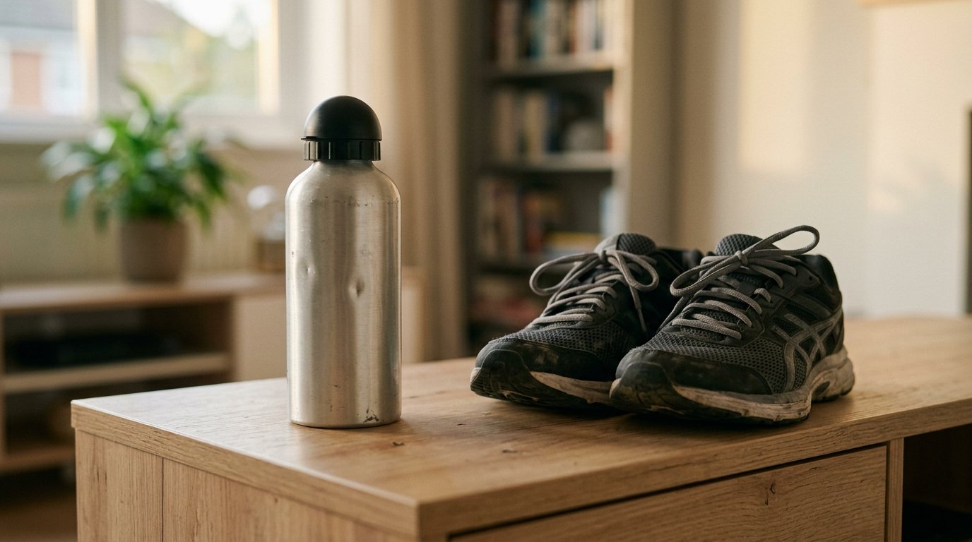 Une gourde en aluminium légèrement cabossée posée à côté de baskets de sport sur un meuble en bois clair, dans une lumière douce de fin de j