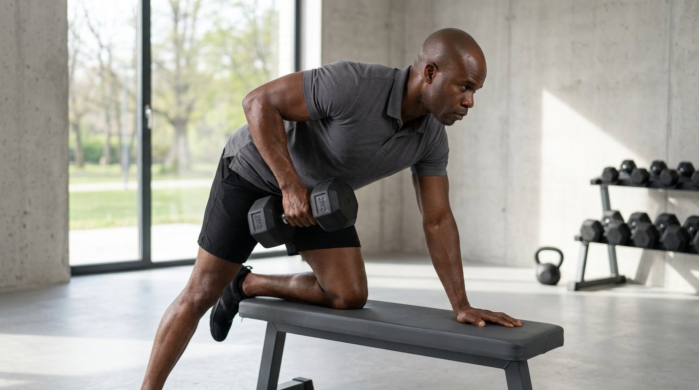 Anicet, un homme d'une quarantaine d'années en tenue de sport sobre, effectuant un exercice de rowing avec haltère avec une forme parfaite d