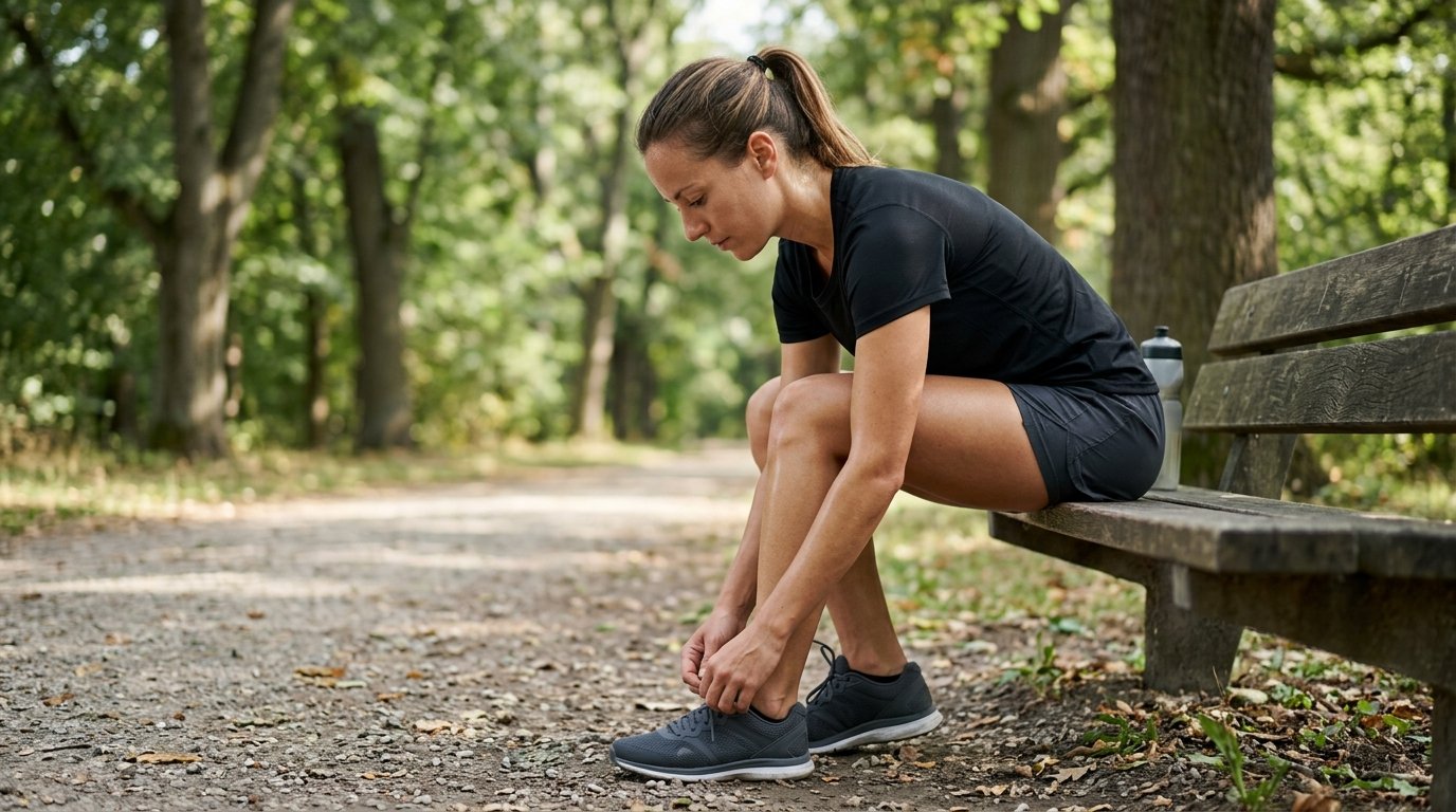 Une femme sportive nouant calmement les lacets de ses baskets, assise sur un banc avant de commencer son entraînement.