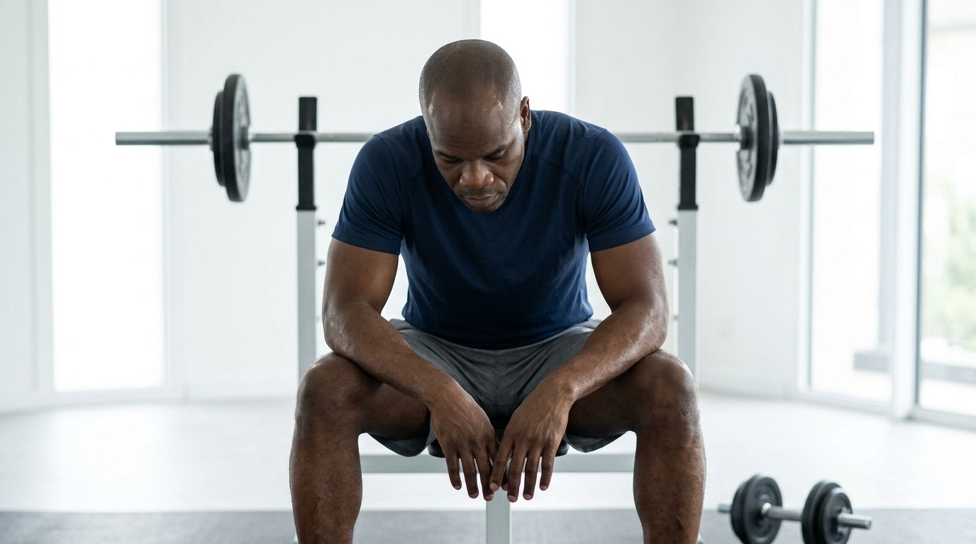 Anicet est assis fatigué sur un banc de musculation dans un espace d'entraînement épuré, le visage éprouvé et le regard posé au sol.