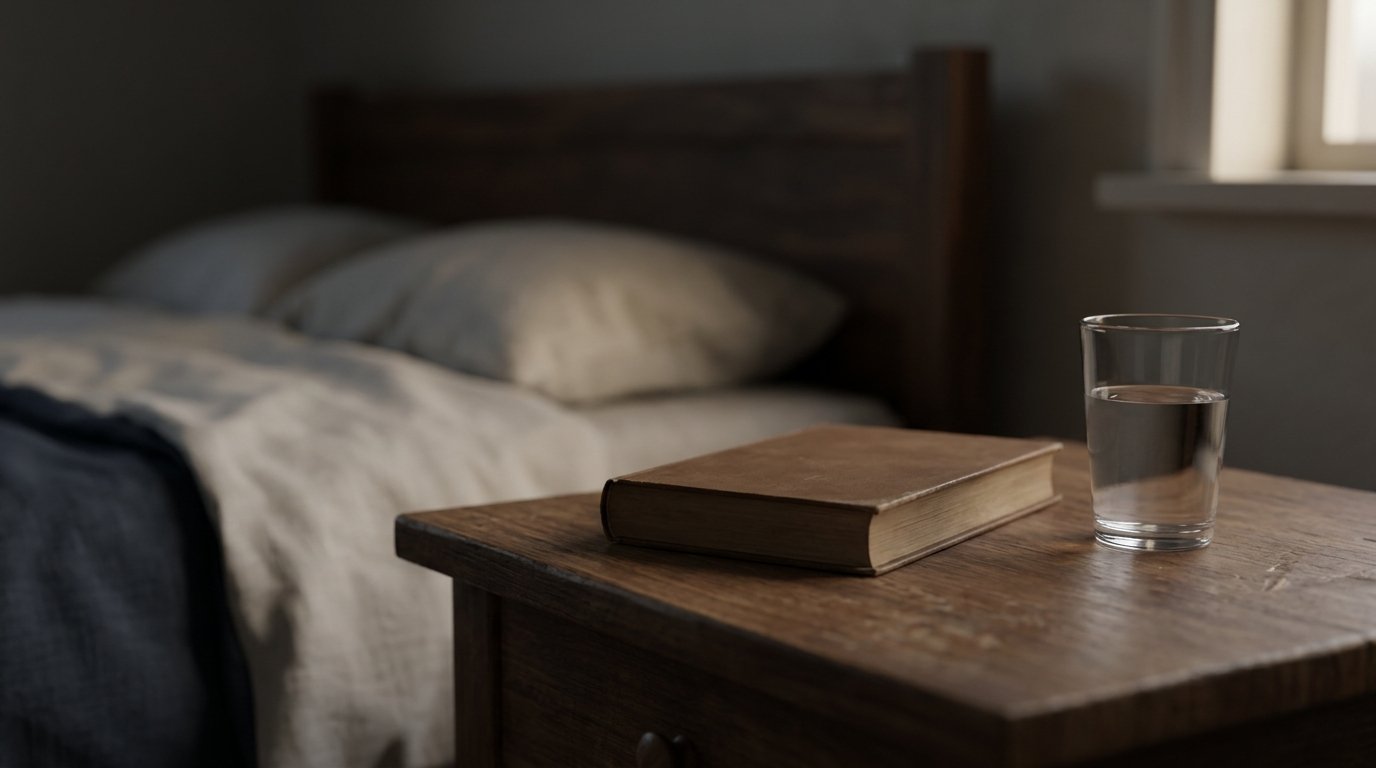 Une table de chevet en bois baignée dans une lumière tamisée de fin de soirée, sur laquelle reposent un livre fermé et un verre d'eau.