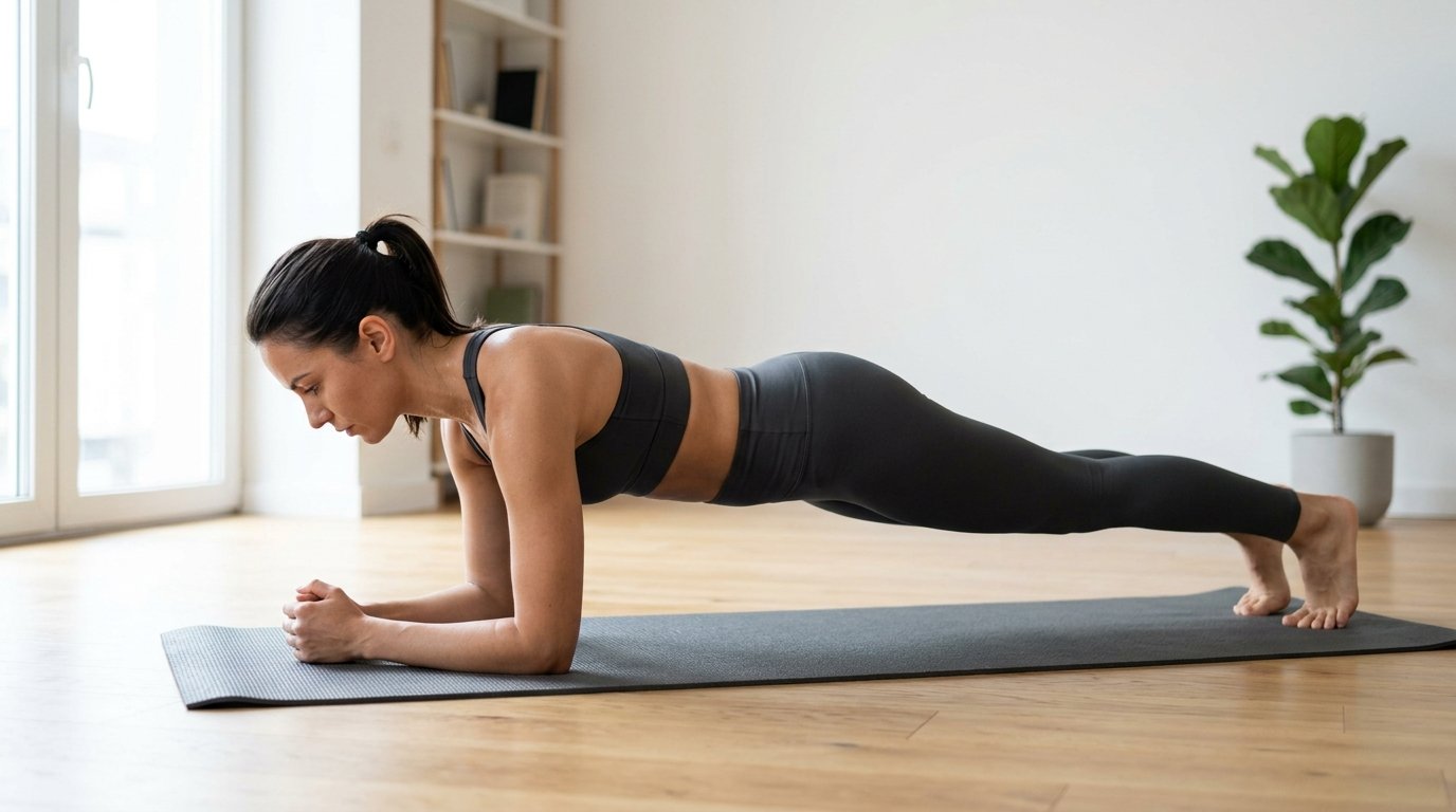 Une femme réalise une planche classique en appui sur les avant-bras sur un tapis de sol dans une pièce lumineuse au décor épuré.