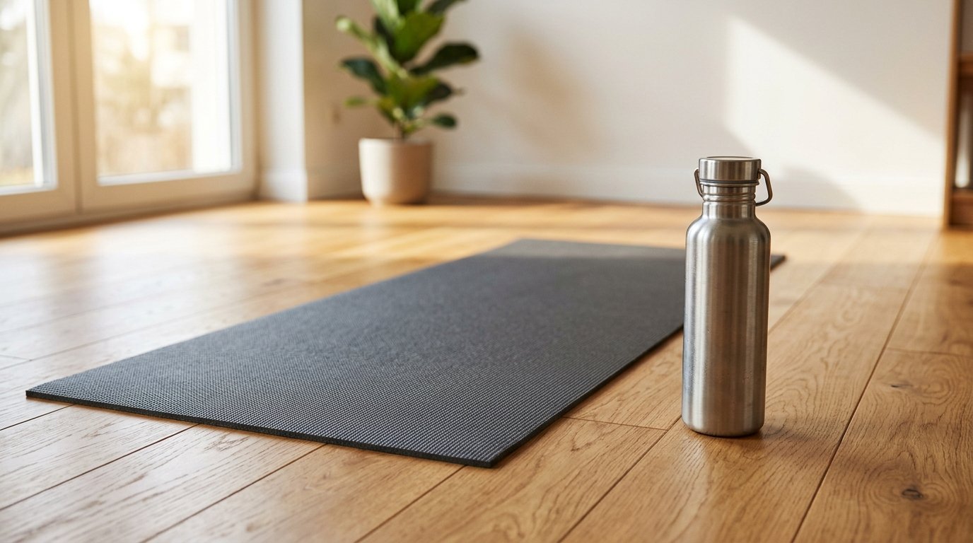 Un tapis de sol soigneusement déroulé à côté d'une gourde en inox sur un parquet baigné par la douce lumière du matin.