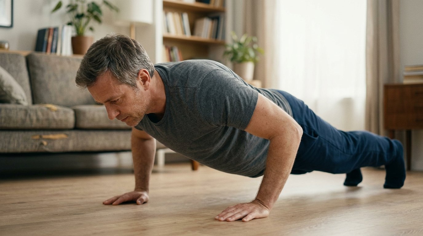 Un homme d'une quarantaine d'années en tenue de sport réalise posément une pompe au sol dans son salon éclairé par une douce lumière naturel