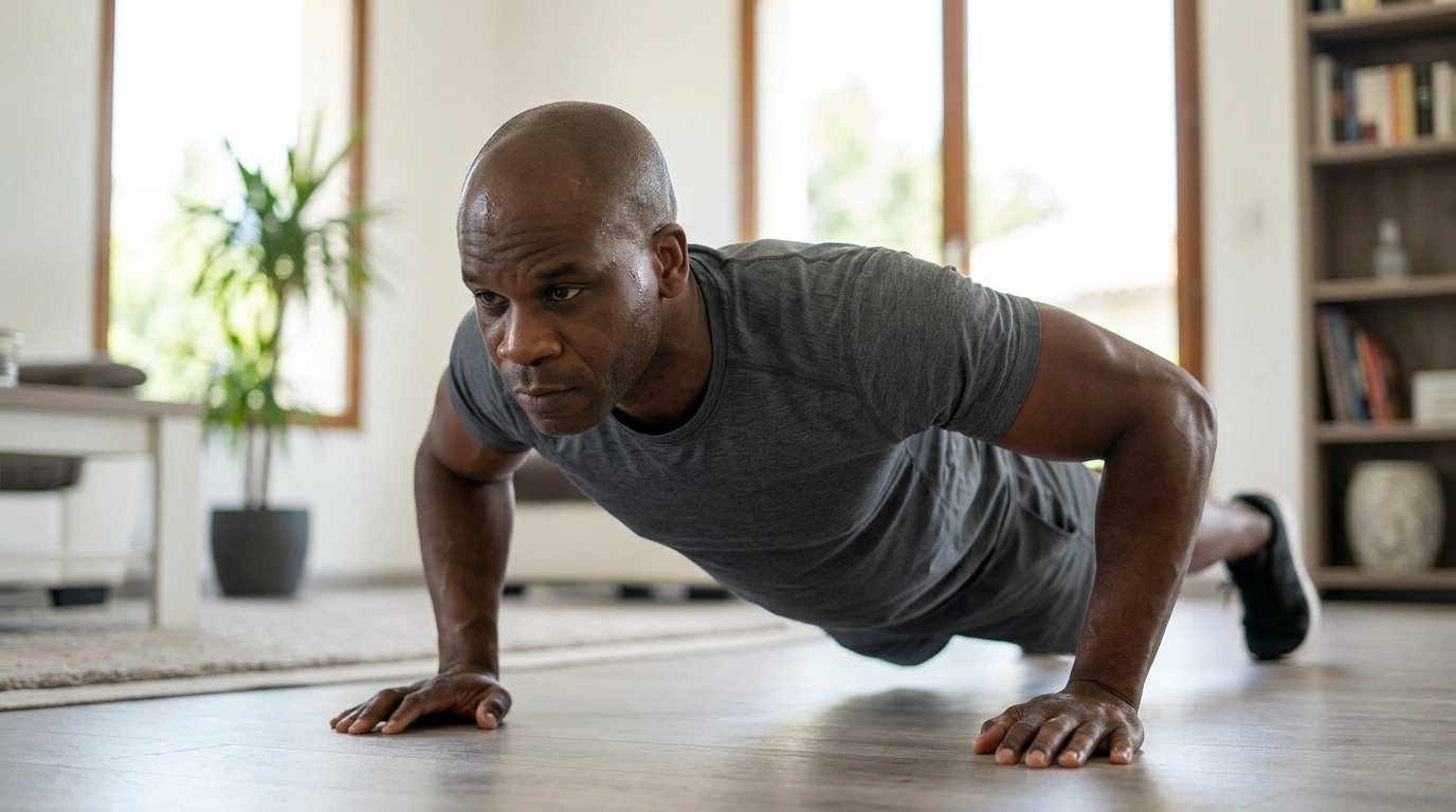 Anicet, un homme trentenaire en tenue de sport sobre, effectue des pompes lentes et maîtrisées au sol dans un salon lumineux.