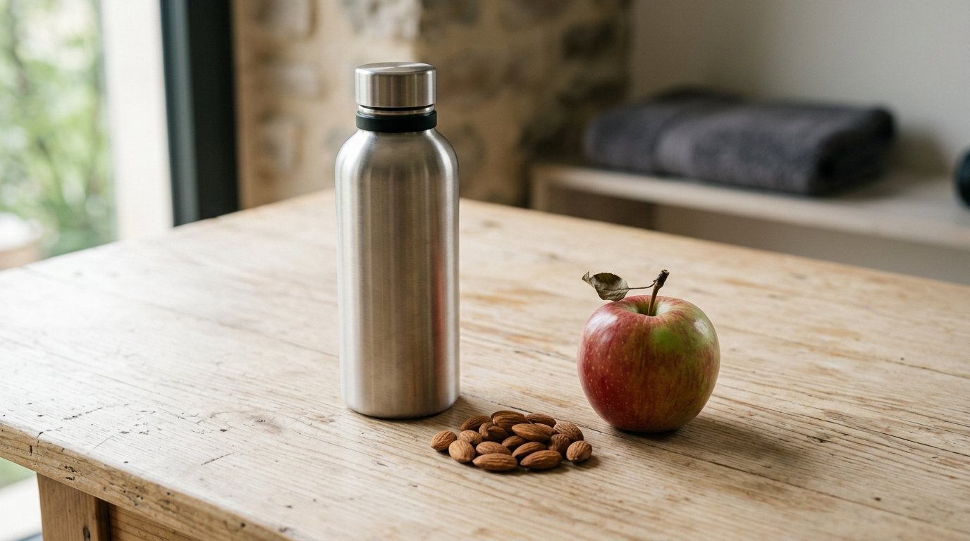 Une gourde d'eau en inox, une poignée d'amandes et une pomme posées proprement sur une table en bois clair baignée de lumière naturelle.