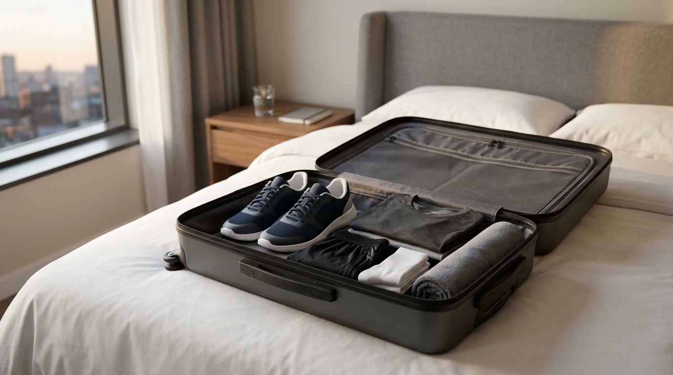Une valise de voyage ouverte sur un lit d'hôtel, montrant une paire de chaussures de sport soigneusement rangée à côté de vêtements pliés.