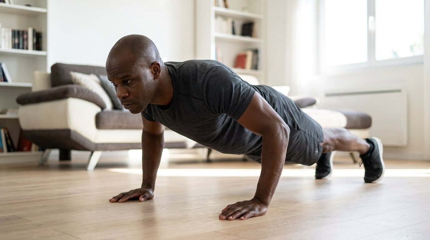 Anicet effectue des pompes au poids du corps avec une forme impeccable au centre d'une chambre lumineuse.