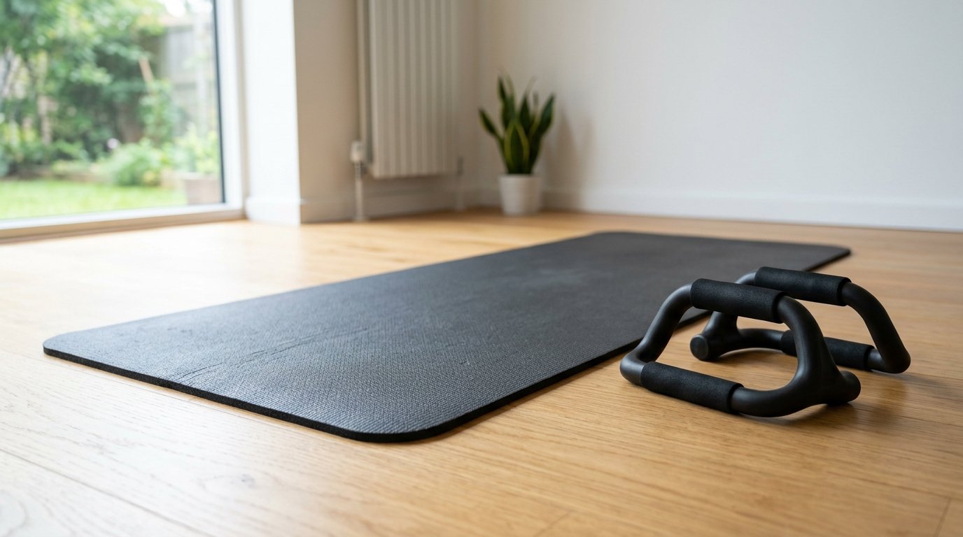Un tapis de gym sobre étalé au sol à côté d'une paire de poignées de pompes ergonomiques dans un espace épuré et lumineux.